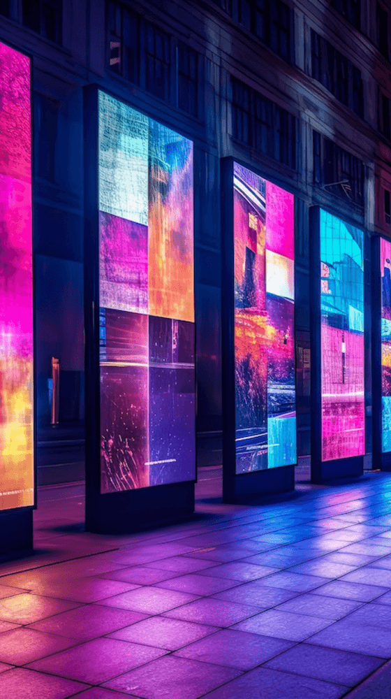Colorful digital display panels in an urban setting at night.