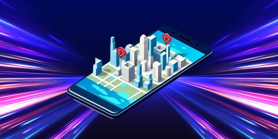 3D illustration of city map on smartphone with geotargeting point locators on a purple and blue background