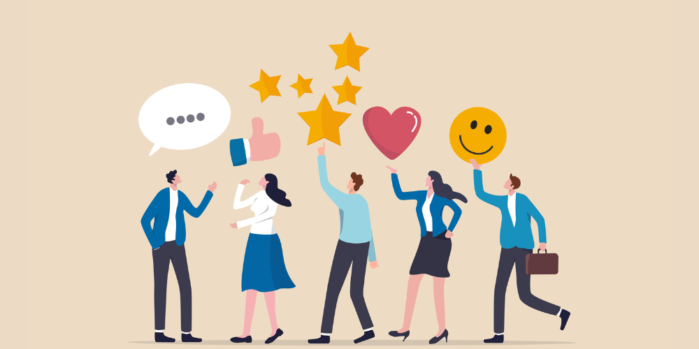 Illustration of customers holding icons indicating they are providing positive feedback on their customer experience