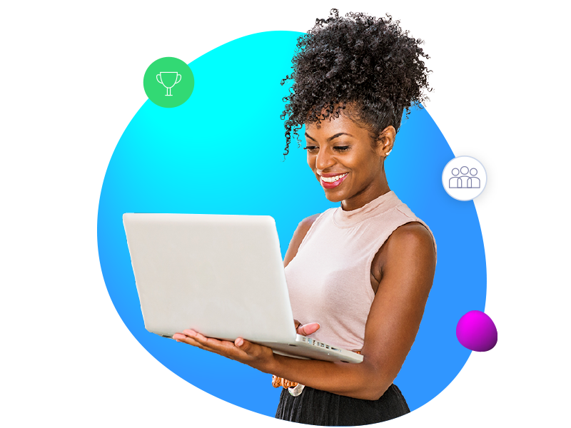 Happy woman using laptop using Innervate Platform