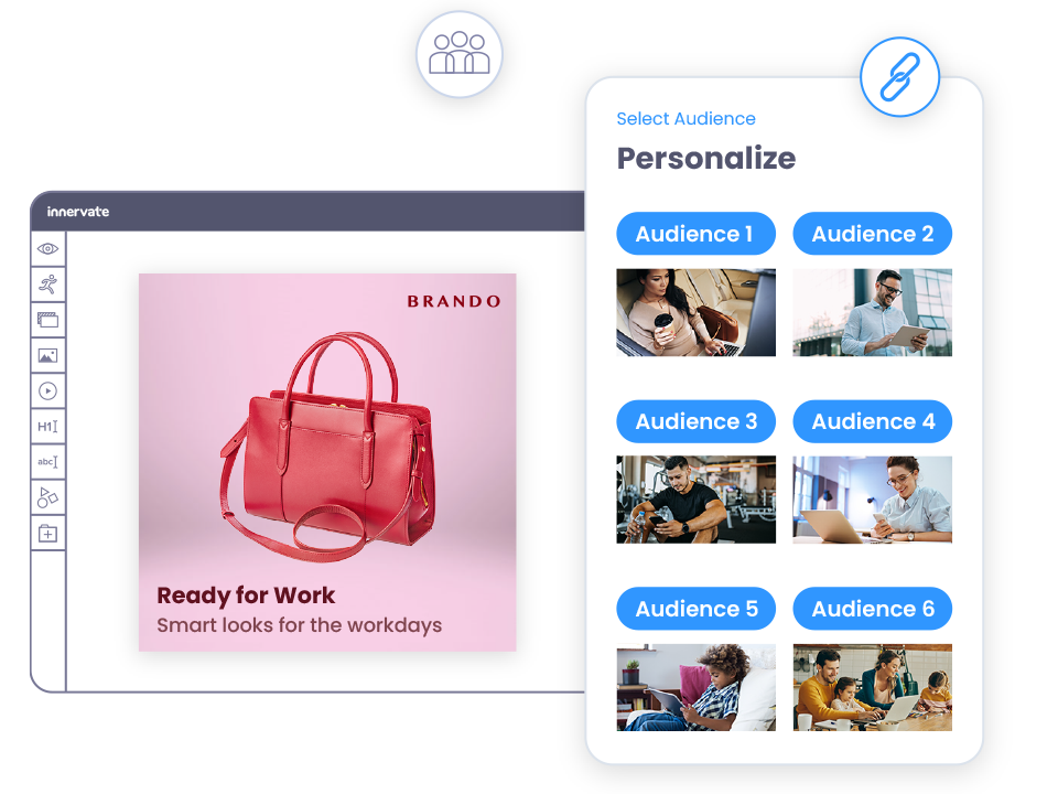 graphic depicting using tools to personalize an example retail ad with a red purse to different targeted audiences 