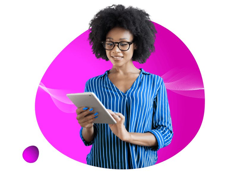 women with glasses on a blue background using a tablet to access Customer Experience Management Software