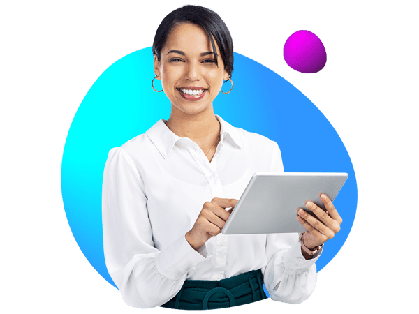 Businesswoman contacting innervate about customer experience solutions on her tablet