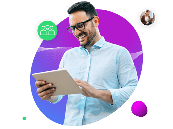 partner with glasses holding and using a tablet interacting with a women in a smaller bubble