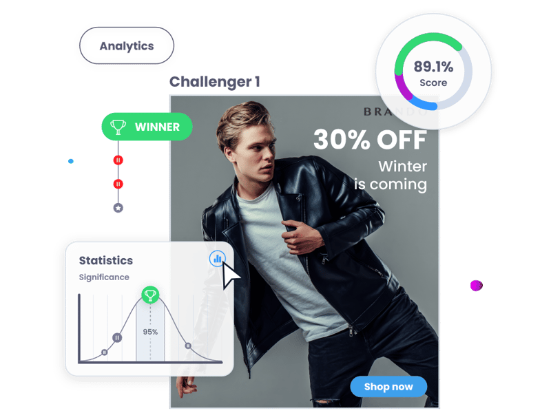 collage of graphics depicting fashion ad of a male in a black jacket optimization with statistic and analytics examples 