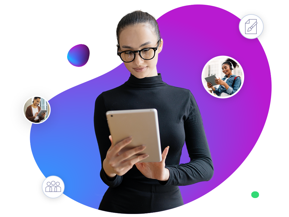 woman with glasses holding and using a tablet device on a purple blue background