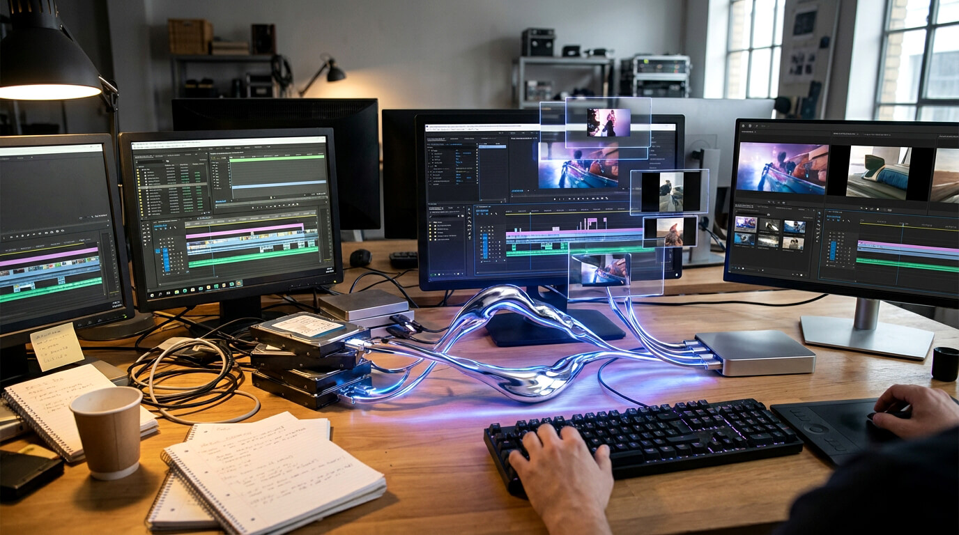 creative workspace desk showing digital video editing across multiple screens