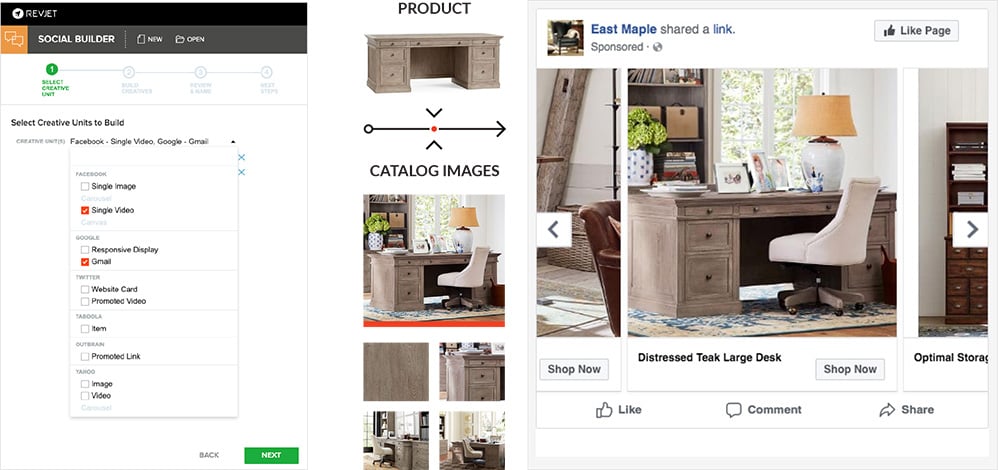 user interface of an automated social media marketing tool with sample furniture images